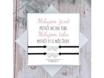 náramky pre dvojicu spojené srdcia na čiernej šnúrke