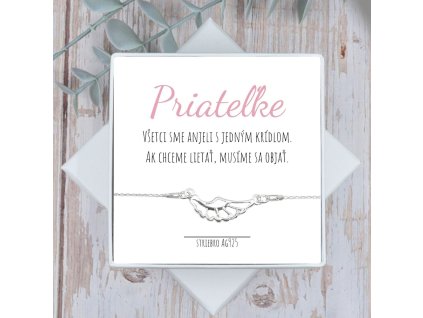 strieborný náramok darček pre priatelku s anjelským krídlom v arčekovom balení s textom na želanie