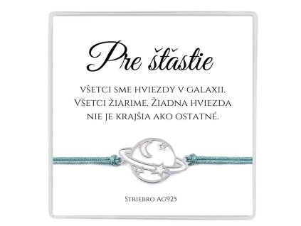 šnúrkový náramok so strieborným príveskom ag925 v darčekovej krabičke s venovaním galaxia pre šťastie