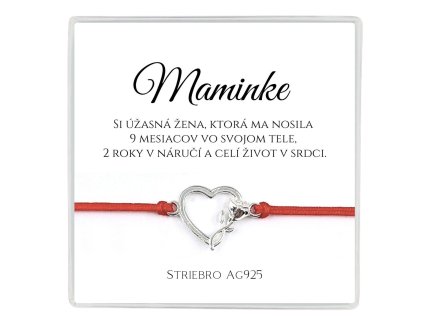 šnúrkový náramok so strieborným príveskom ag925 v darčekovej krabičke s venovaním pre maminku srdiečko s ružou