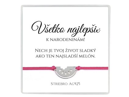 šnúrkový náramok so strieborným príveskom ag925 v darčekovej krabičke s venovaním melón na narodeniny