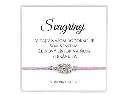šnúrkový náramok so strieborným príveskom ag925 v darčekovej krabičke s venovaním pre švagrinú lístok