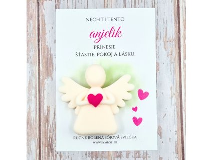 sojova sviečka anjelik pre šťastie s venovanim a srdiečkom