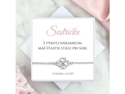 darček pre sestru strieborný náramok so štvorlístkom