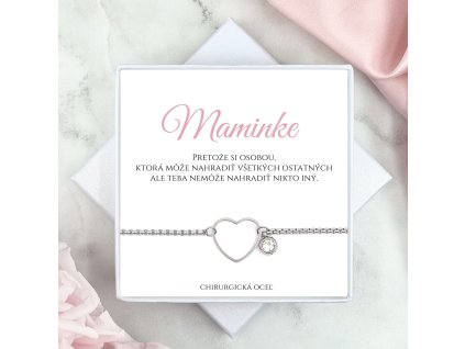 oceľový náramok s krištálikom a srdiečkom s venovaním pre mamu