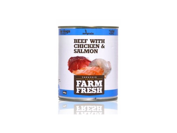 Farm Fresh Dog Beef with Chicken&Salmon konzerva 800g