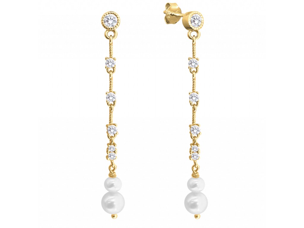 1103 MINET Pozlacené stříbrné visací náušnice přírodní perly s bílými zirkony