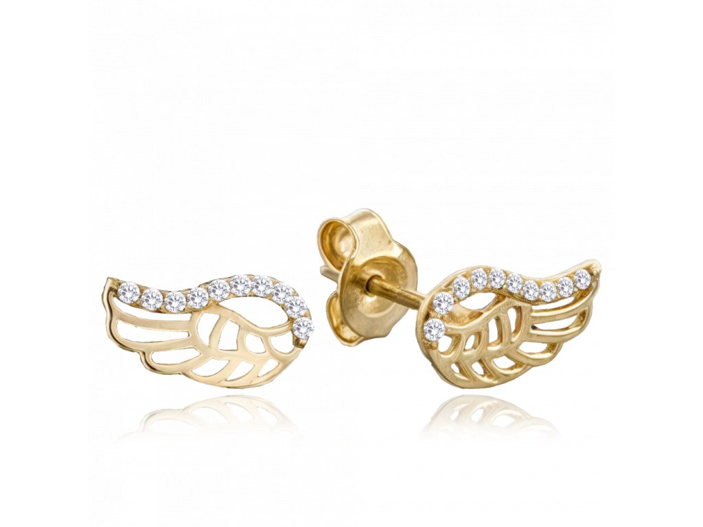 0397 MINET Elegantní zlaté náušnice křídla s bílými zirkony Au 585/1000 1,05g