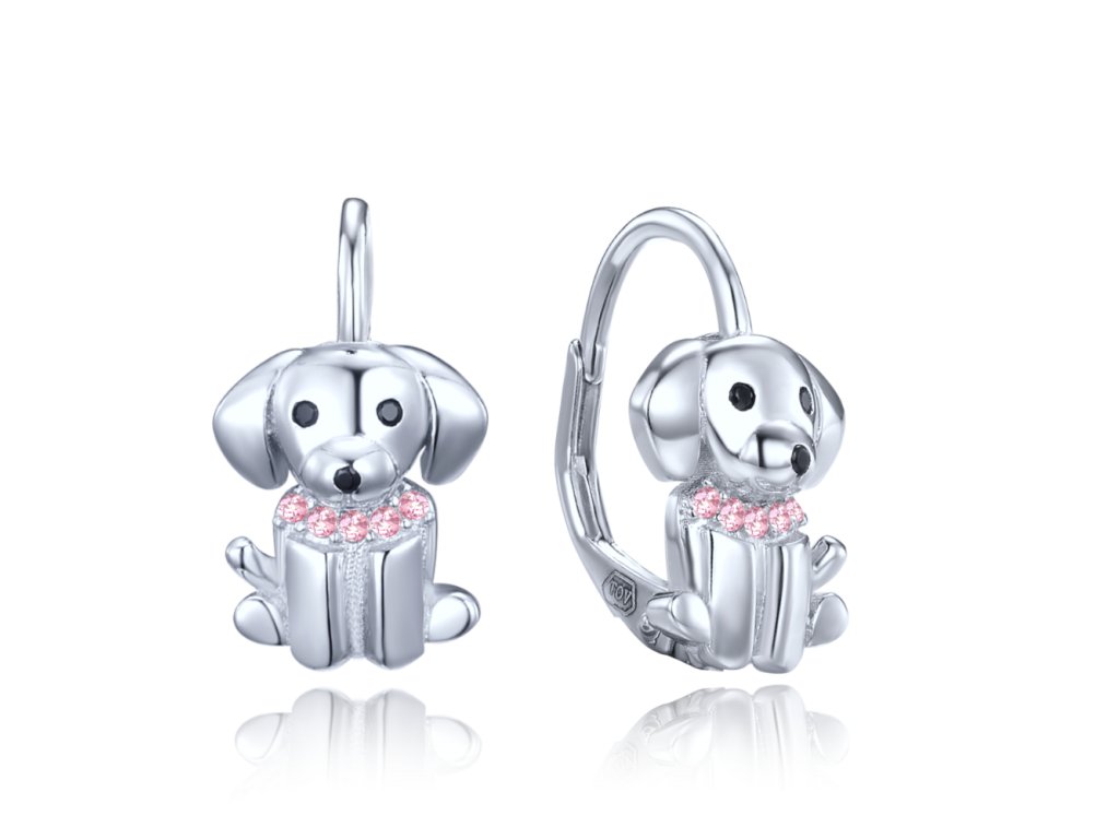 0156 MINET Dětské stříbrné náušnice pejsci s černými a růžovými zirkony