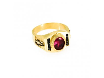Zlatý prsten s červeným a černými zirkony