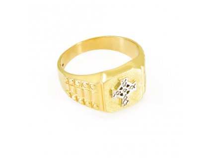 Zlatý pánský prsten s křížem z bílého zlata