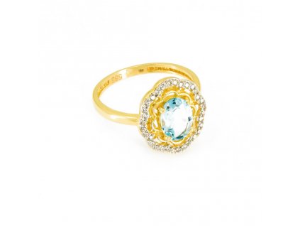 Zlatý dámský prsten s modrým a bílými zirkony