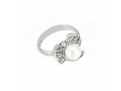 Zlatý dámský prsten z bílého zlata s bílými zirkony a perlou