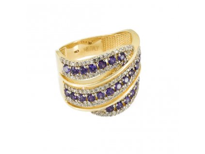 Zlatý dámský prsten s bílými a fialovými zirkony