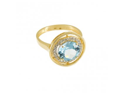 Zlatý dámský prsten s modrým a bílými zirkony