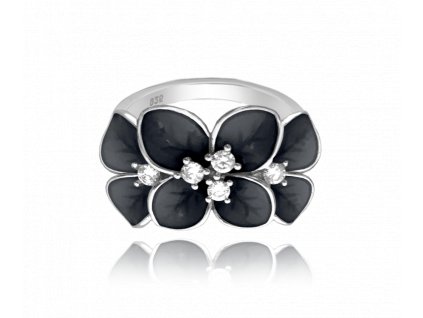 MINET Černý rozkvetlý stříbrný prsten FLOWERS s bílými zirkony