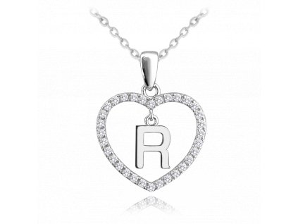 MINET Stříbrný náhrdelník písmeno v srdíčku "R" se zirkony