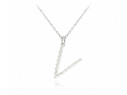 MINET Stříbrný náhrdelník písmeno "V" s perličkami