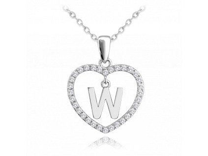 MINET Stříbrný náhrdelník písmeno v srdíčku "W" se zirkony