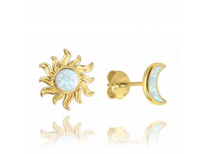 1065 MINET Pozlacené stříbrné náušnice SLUNCE a MĚSÍC s bílými opály
