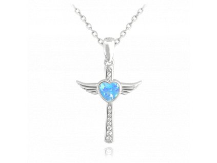 MINET Stříbrný náhrdelník ANDĚLSKÝ KŘÍŽEK s modrým opálovým srdíčkem