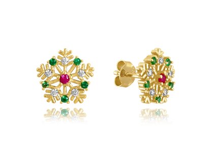 1066 MINET Pozlacené stříbrné náušnice SNĚHOVÉ VLOČKY s barevnými zirkony