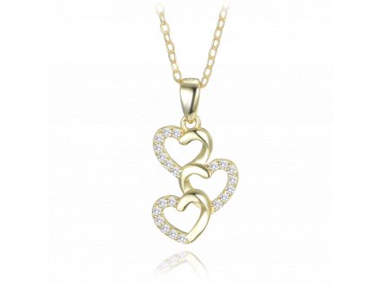 MINET Pozlacený stříbrný náhrdelník tři srdce s bílými zirkony