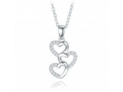 MINET Stříbrný náhrdelník tři srdce s bílými zirkony