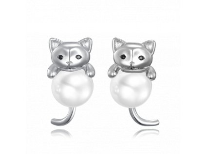 MINET Stříbrné náušnice perly s kočkami