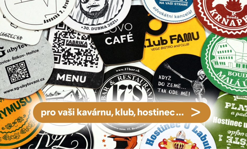 Stylové pivní tácky s logem restaurace nebo QR kodem pro efektivní obsluhu, pro rychlý přístup k menu nebo hodnocení. Hotelové podtácky.