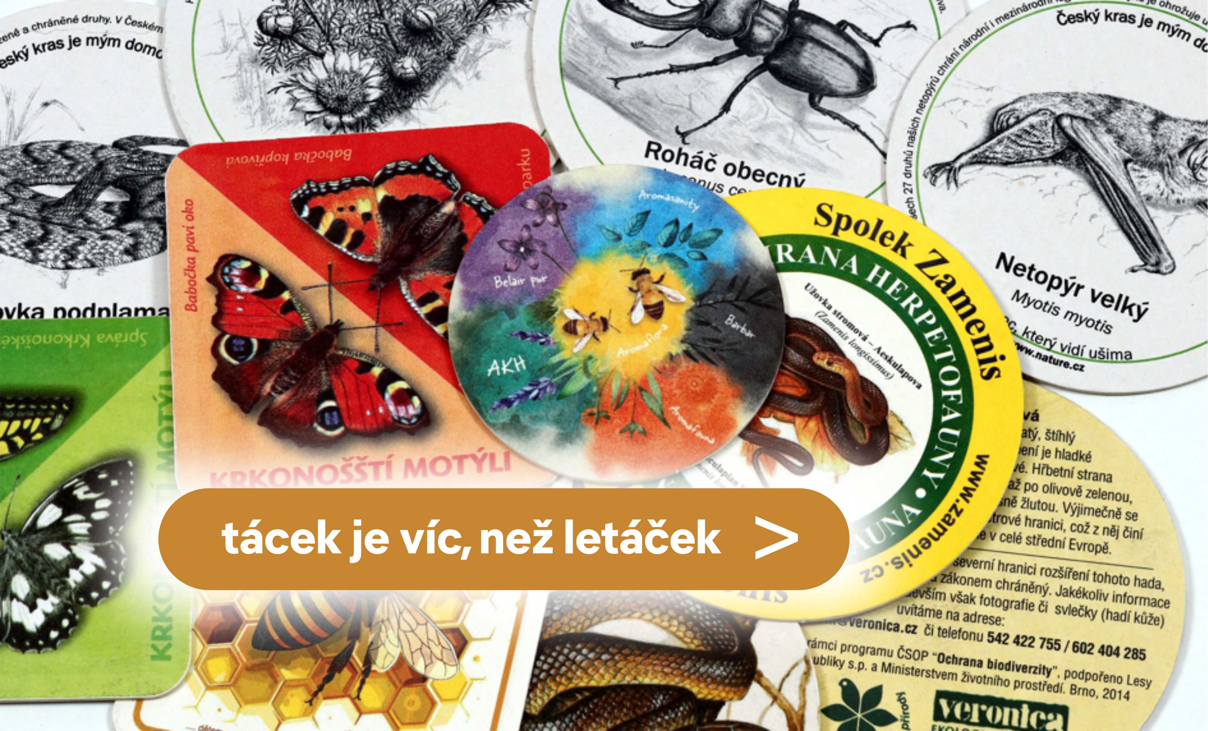 Pivní tácky s edukativní grafikou a logem neziskových organizací a nadací, vhodné pro osvětu, propagaci i výukové účely.