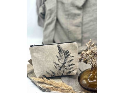 Lněná taštička - Khaki s kapradí
