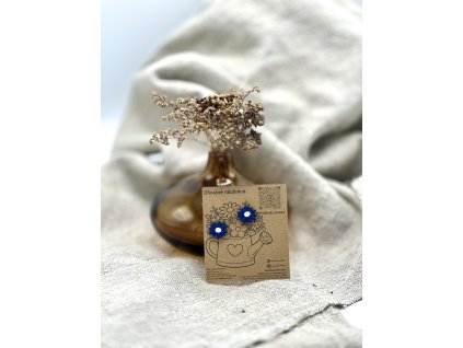 Dřevěné náušnice - Tmavě modrá kvítka