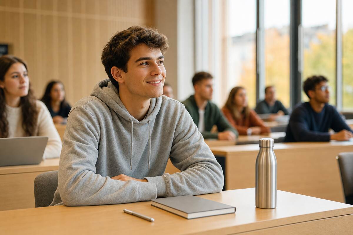 Student v mikině s potiskem na univerzitní přednášce s notesem, propiskou a termoláhví od TAEDA