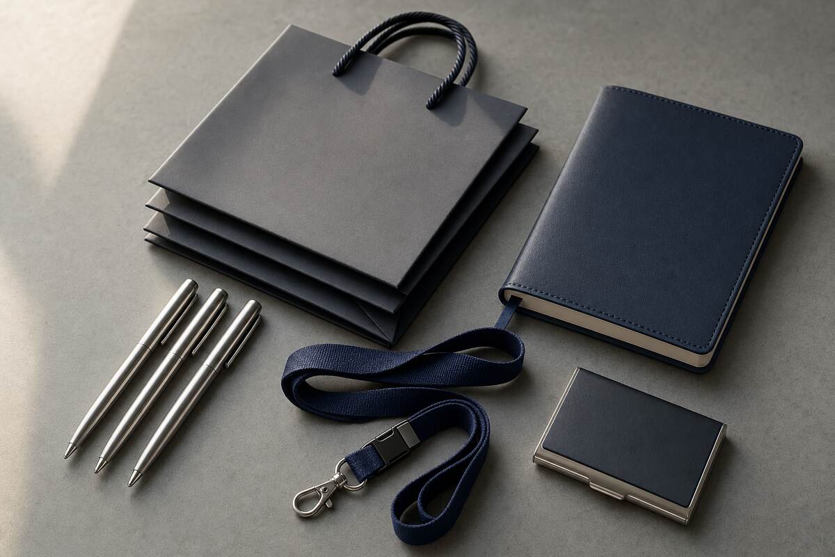 TAEDA Werbeartikel-Set — Metall-Kugelschreiber, Lanyard, Notizbuch mit Kunstledereinband, Visitenkartenetui und Papiertasche