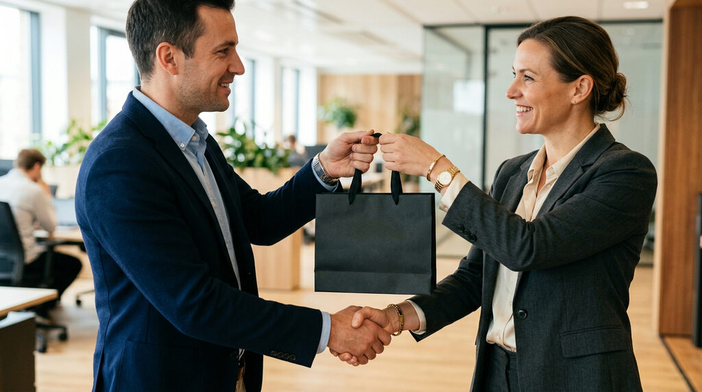 Předání prémiového firemního dárku obchodnímu partnerovi