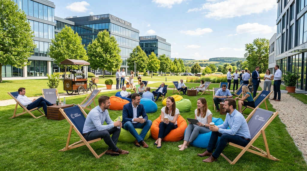 Stylová chill-out zóna na firemní akci s reklamními lehátky a sedacími vaky na trávě