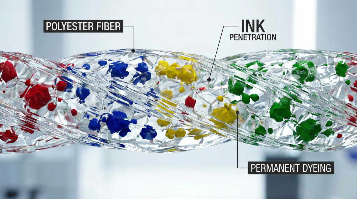 Microscopic cross-section of fiber: Sublimation ink penetrates inside polyester