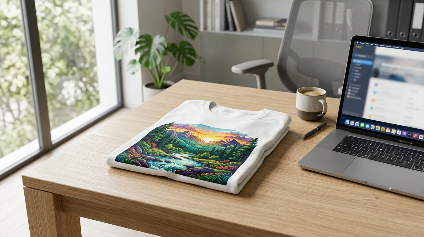 Detailed close-up of a full-color DTG print with a soft texture on a premium cotton t-shirt resting on a workspace desk