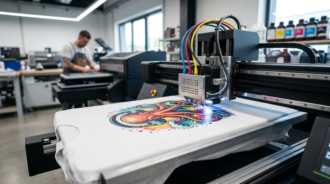 Modern commercial DTG printer in action, directly applying digital print into the fibers of a white cotton t-shirt in the TAEDA production hall
