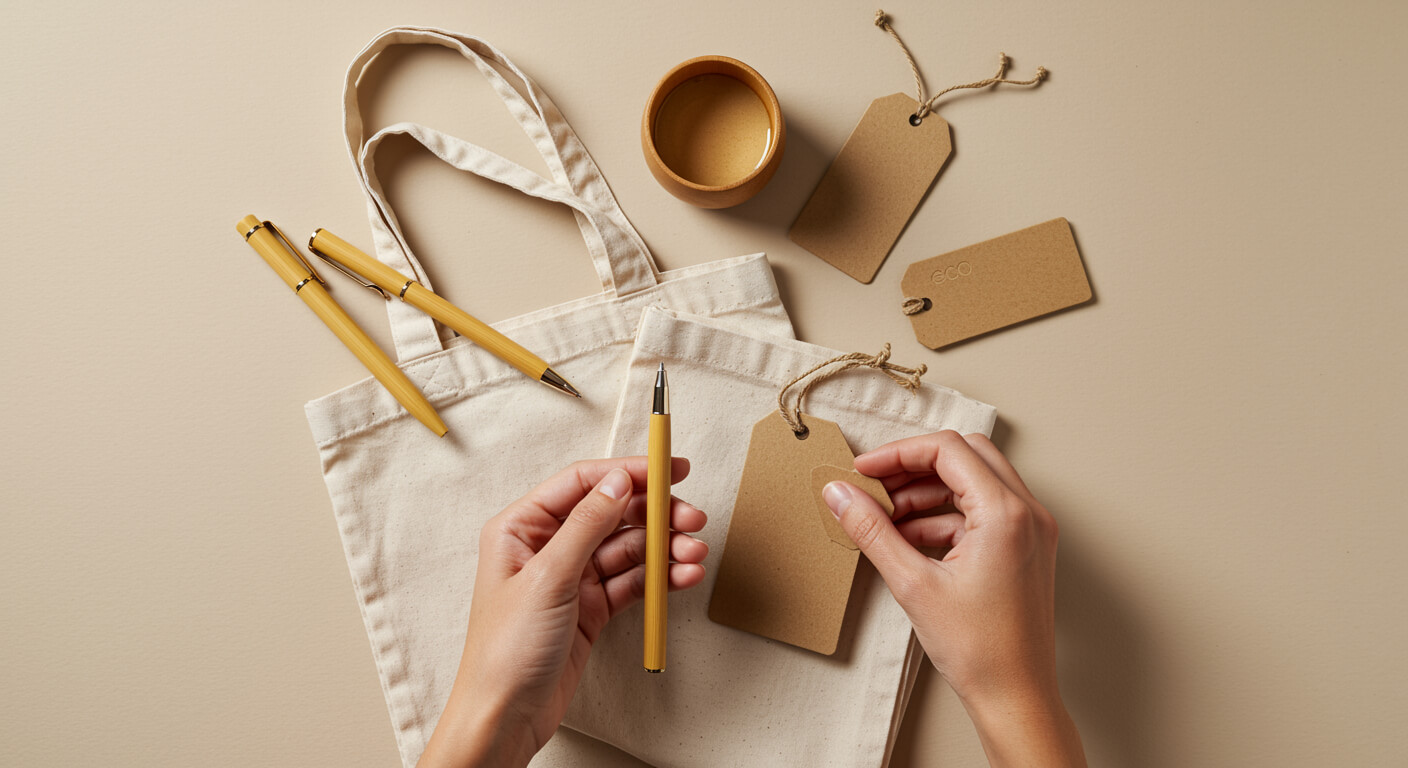 Ekologické reklamní předměty - bambusové propisky a bavlněné tašky s personalizovaným potiskem v rukou