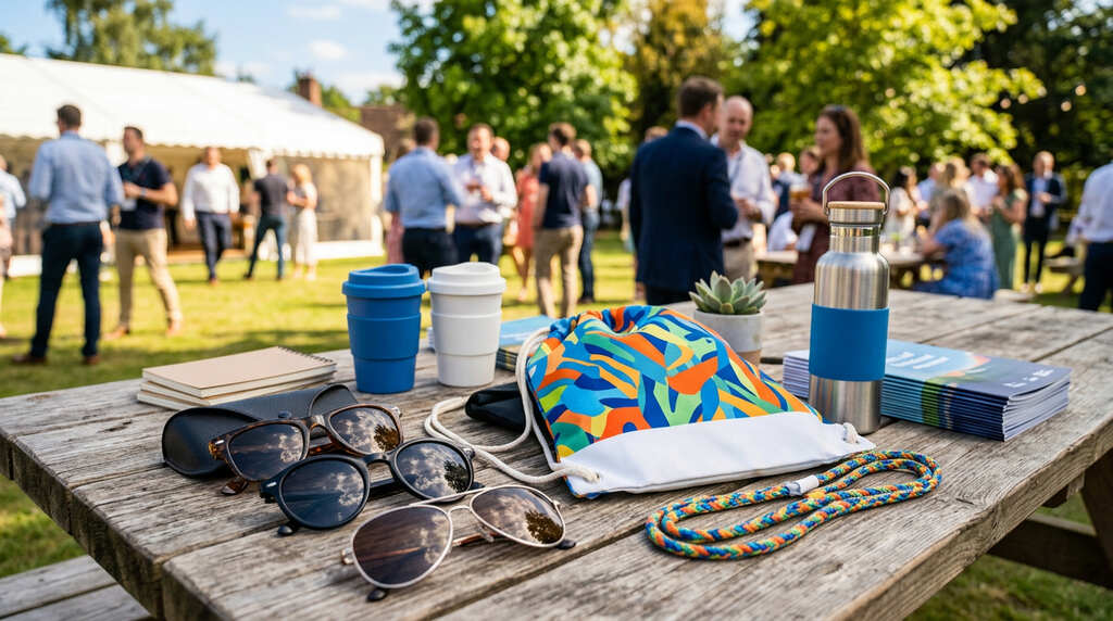 Letní reklamní předměty a festivalový merch rozložený na dřevěném stole
