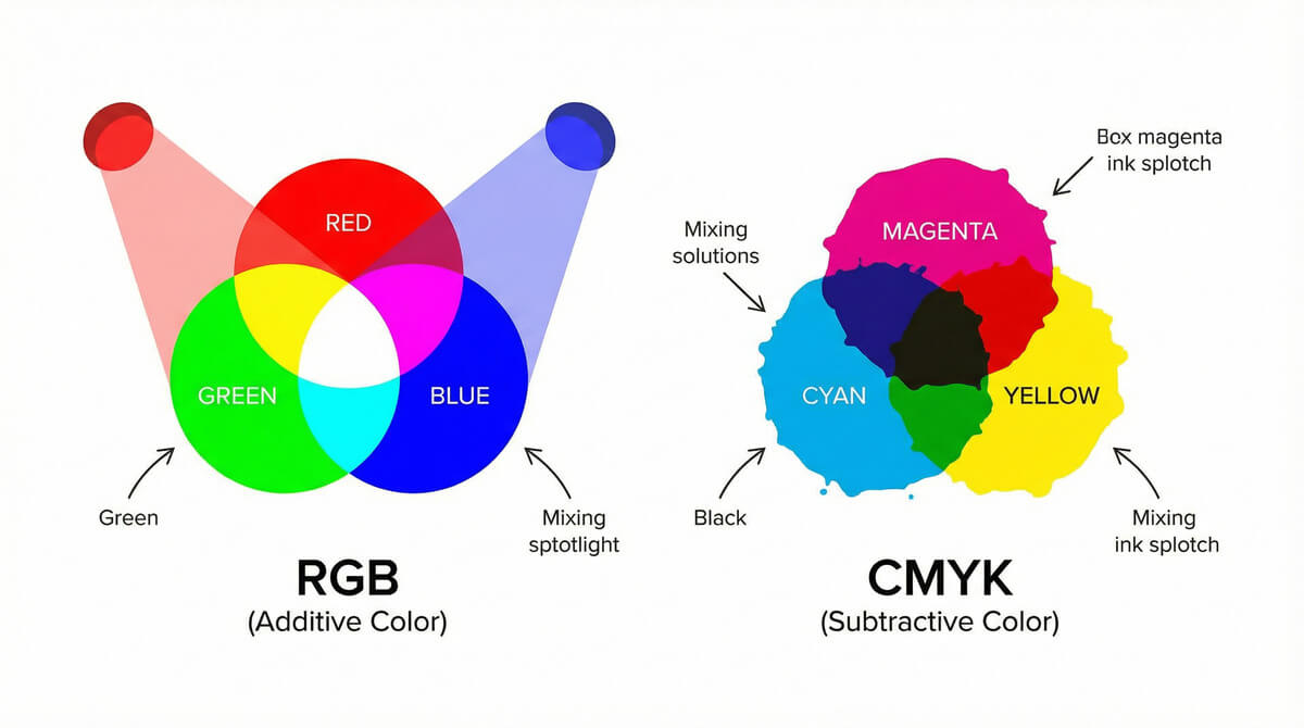 Infografika míchání barev: Aditivní RGB vs Subtraktivní CMYK