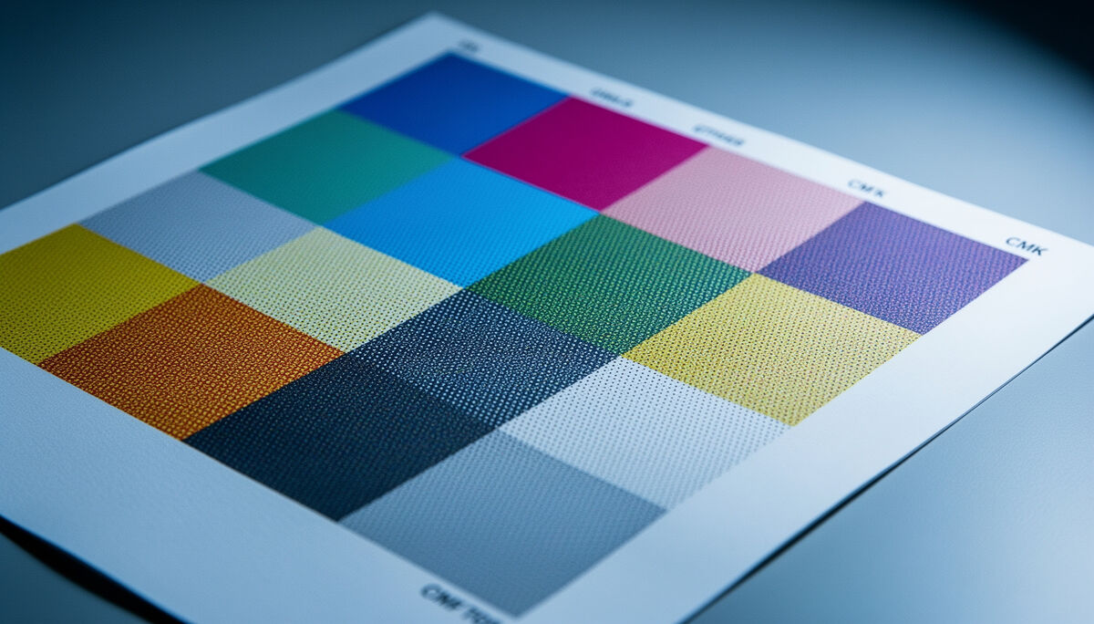 Detailný pohľad na tlačový hárok s kontrolnými prúžkami CMYK farieb