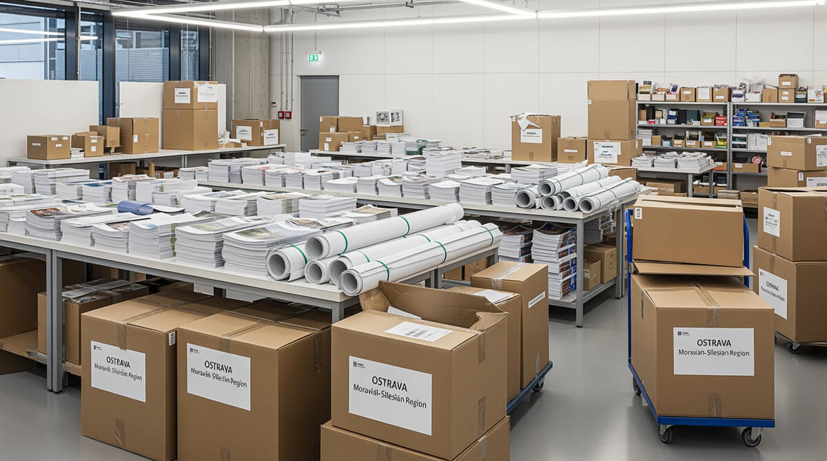Hotové tiskoviny a reklamní bannery připravené k expedici pro klienty v Ostravě a Moravskoslezském kraji