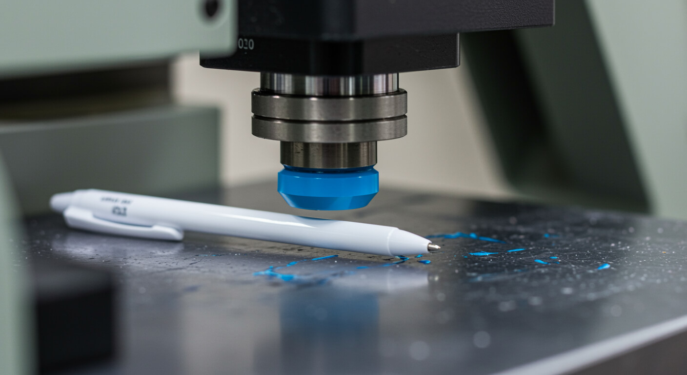 Detail of pad printing process - silicone pad transferring ink to promotional pen