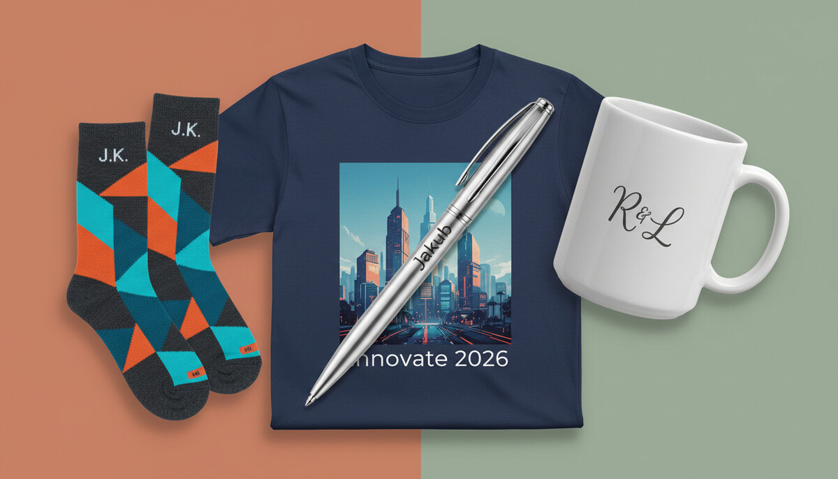 Collection of custom promotional items: pens, t-shirts, socks, and mugs with personalized design