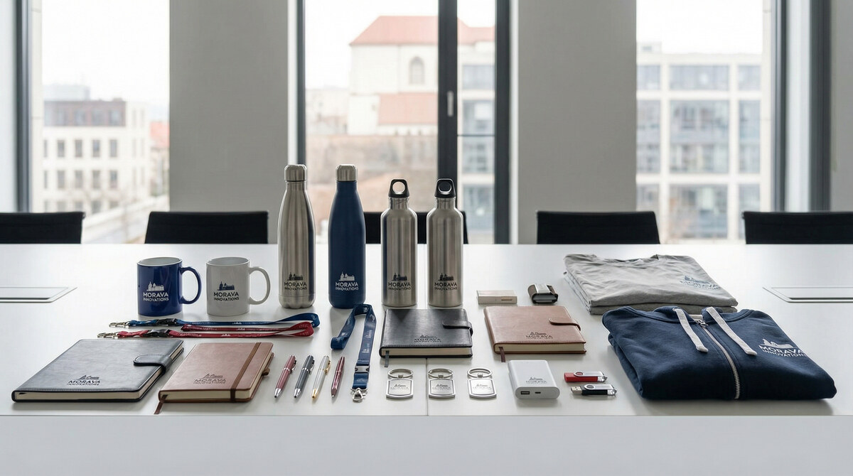 Reklamní předměty Brno – firemní dárky a promo předměty na prezentačním stole