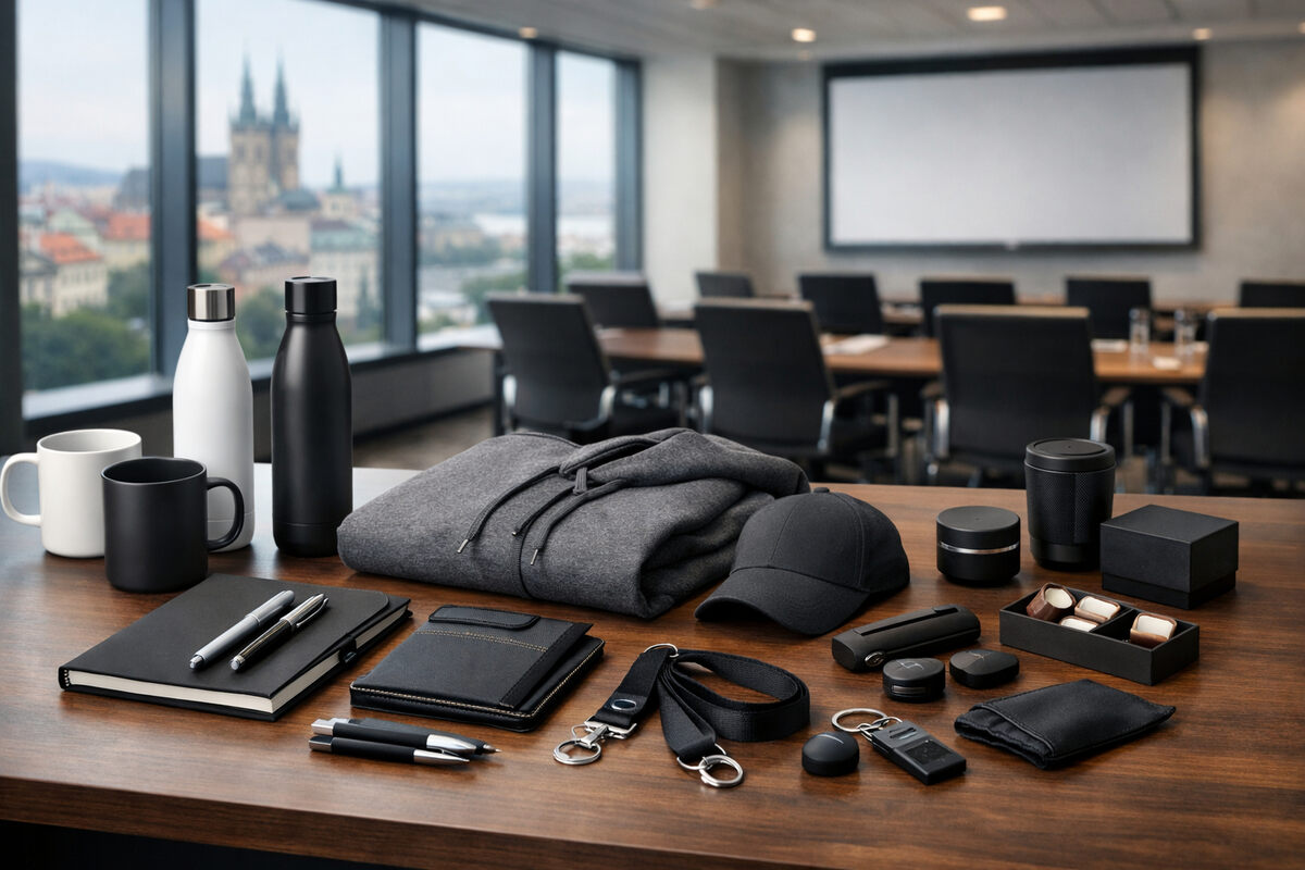 Reklamní předměty Praha – firemní dárky na prezentačním stole