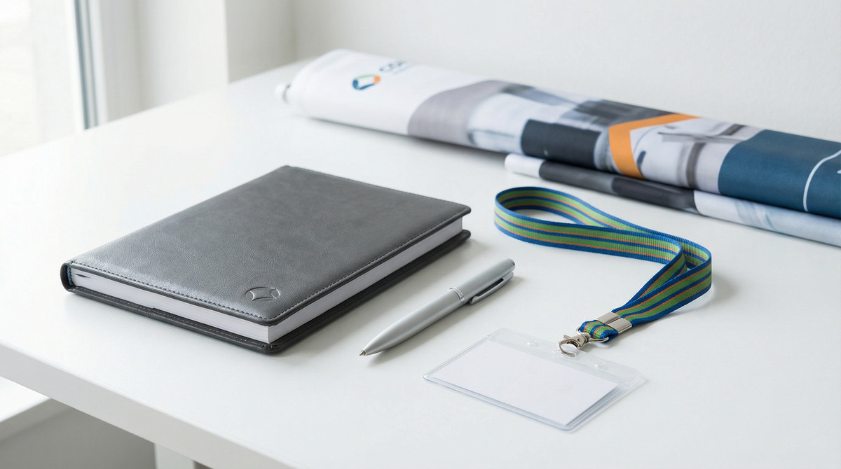 Detail na sadu reklamních předmětů: notes, pero a lanyard na stole